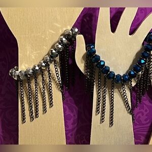 Blue & Silver Faceted Bead Chain Fringe Stretch Bracelet Set | New